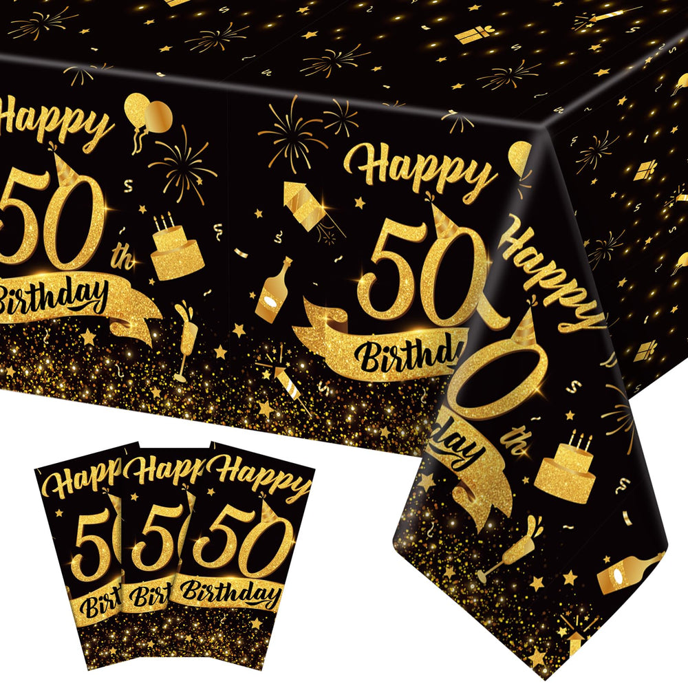 NatNarr 50th birthday tablecloth with black gold design for 54x108 inch tables