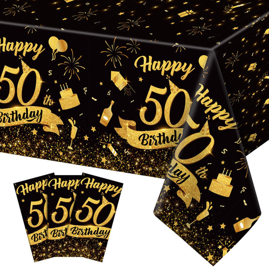 NatNarr 50th birthday tablecloth with black gold design for 54x108 inch tables