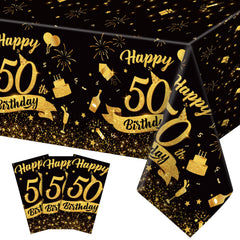 NatNarr 50th birthday tablecloth with black gold design for 54x108 inch tables