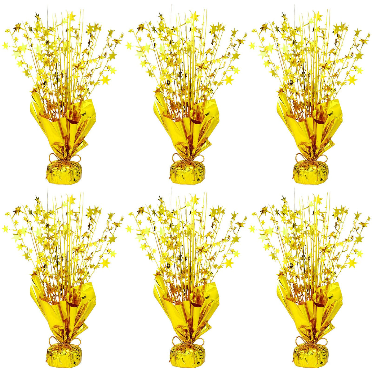 NatNarr 6-pack metallic foil spray centerpiece with gold stars creates a festive focal point.