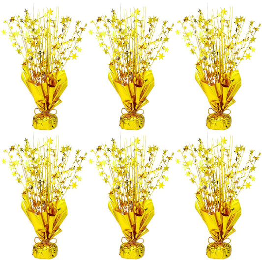 NatNarr 6-pack metallic foil spray centerpiece with gold stars creates a festive focal point.