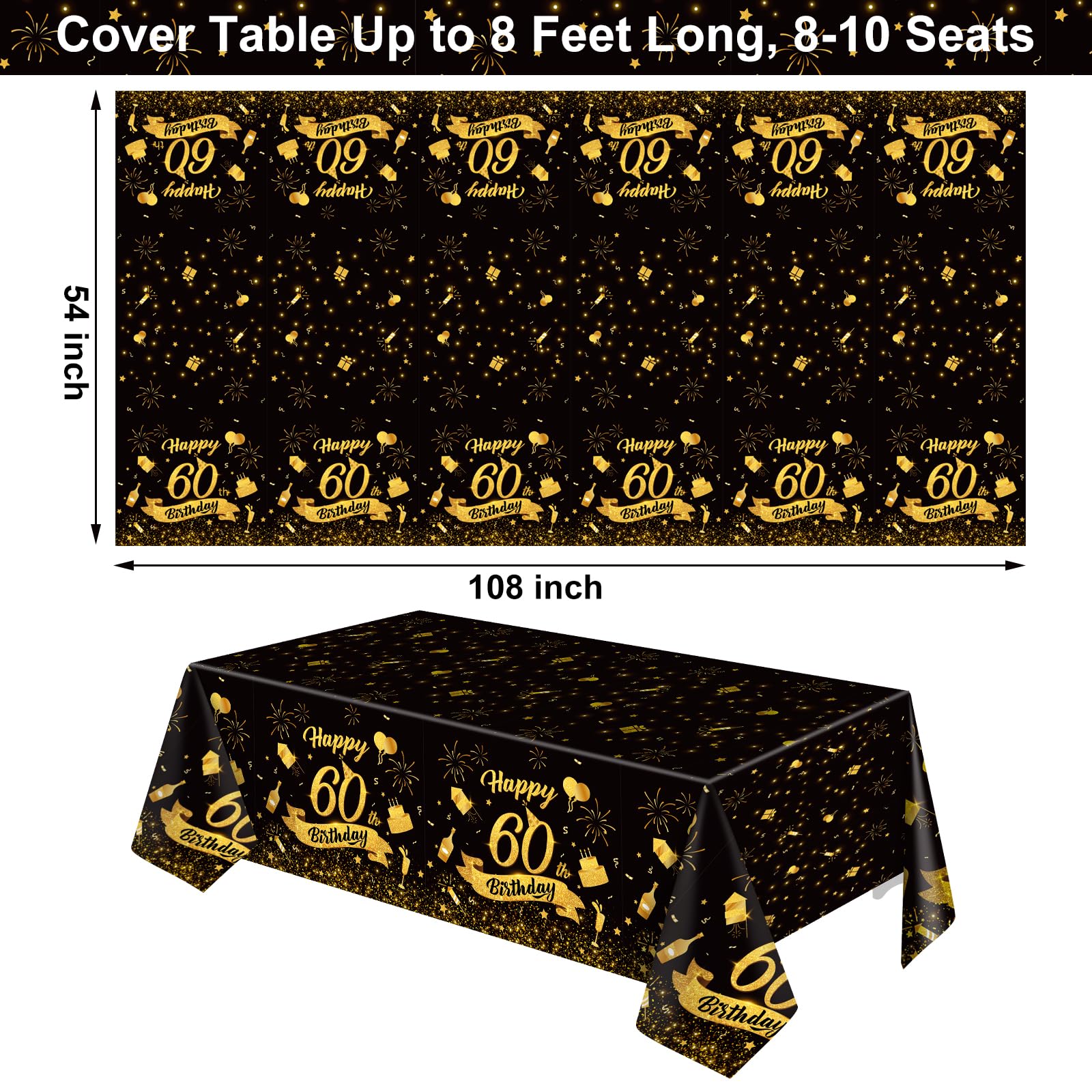 NatNarr black gold design tablecloth showcases festive 60th theme and protects surfaces.