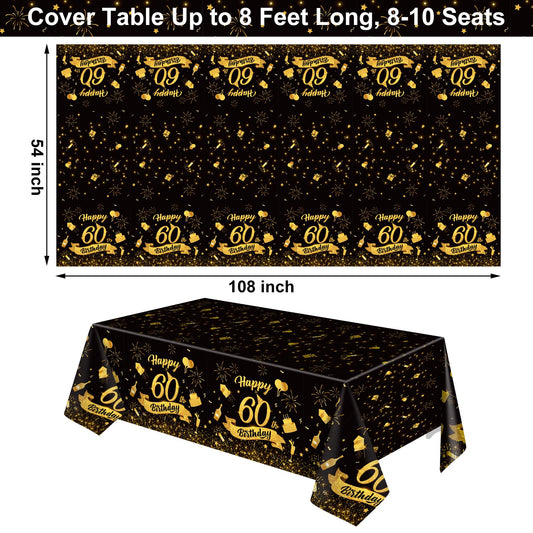NatNarr black gold design tablecloth showcases festive 60th theme and protects surfaces.