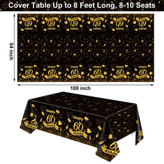 NatNarr black gold design tablecloth showcases festive 60th theme and protects surfaces.