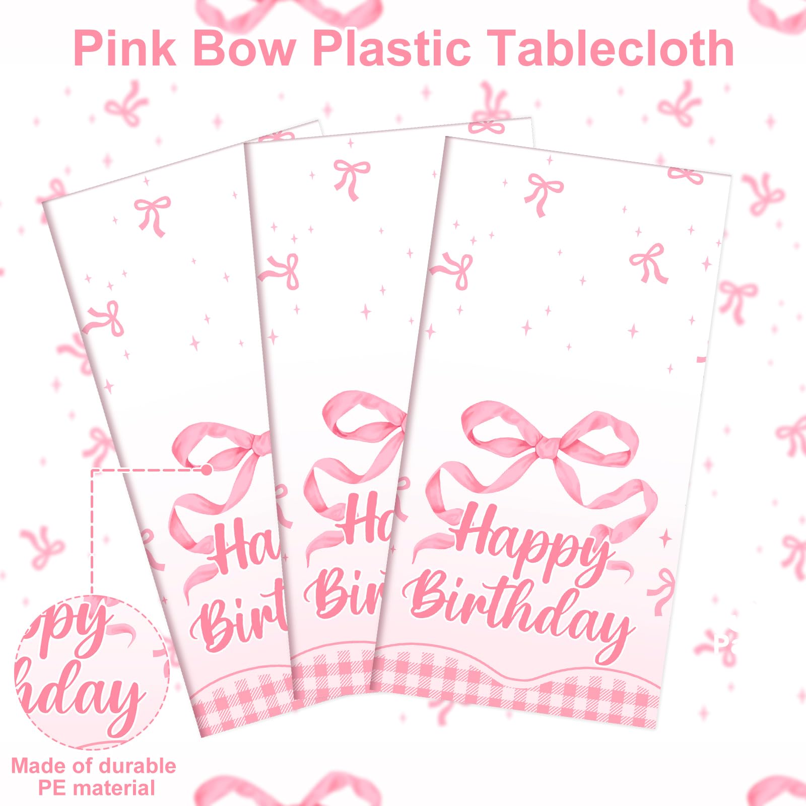 NatNarr Coquette pink bow tablecloth packaging shows a convenient 3-pack for replacements.