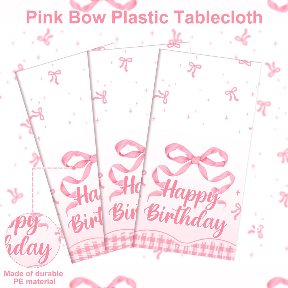 NatNarr Coquette pink bow tablecloth packaging shows a convenient 3-pack for replacements.