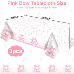 NatNarr Coquette pink bow tablecloth close-up highlights waterproof surface and refined bow design.