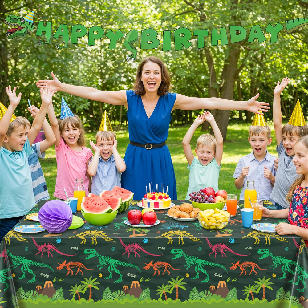 NatNarr disposable tablecloth offers easy cleanup after kids' party.
