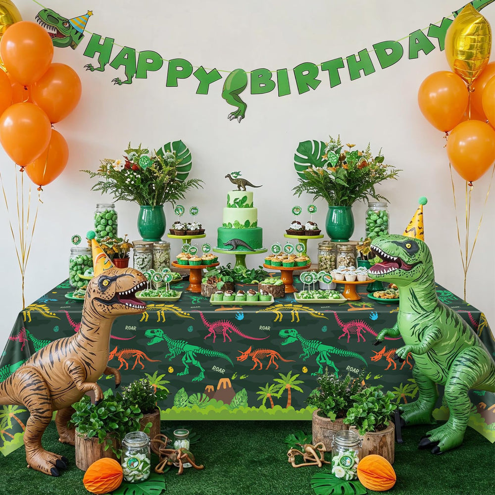 NatNarr dinosaur tablecloth on table setup enhances theme and protection.