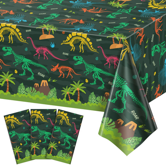 NatNarr dinosaur tablecloth front design for a kids party with vibrant dinosaurs.
