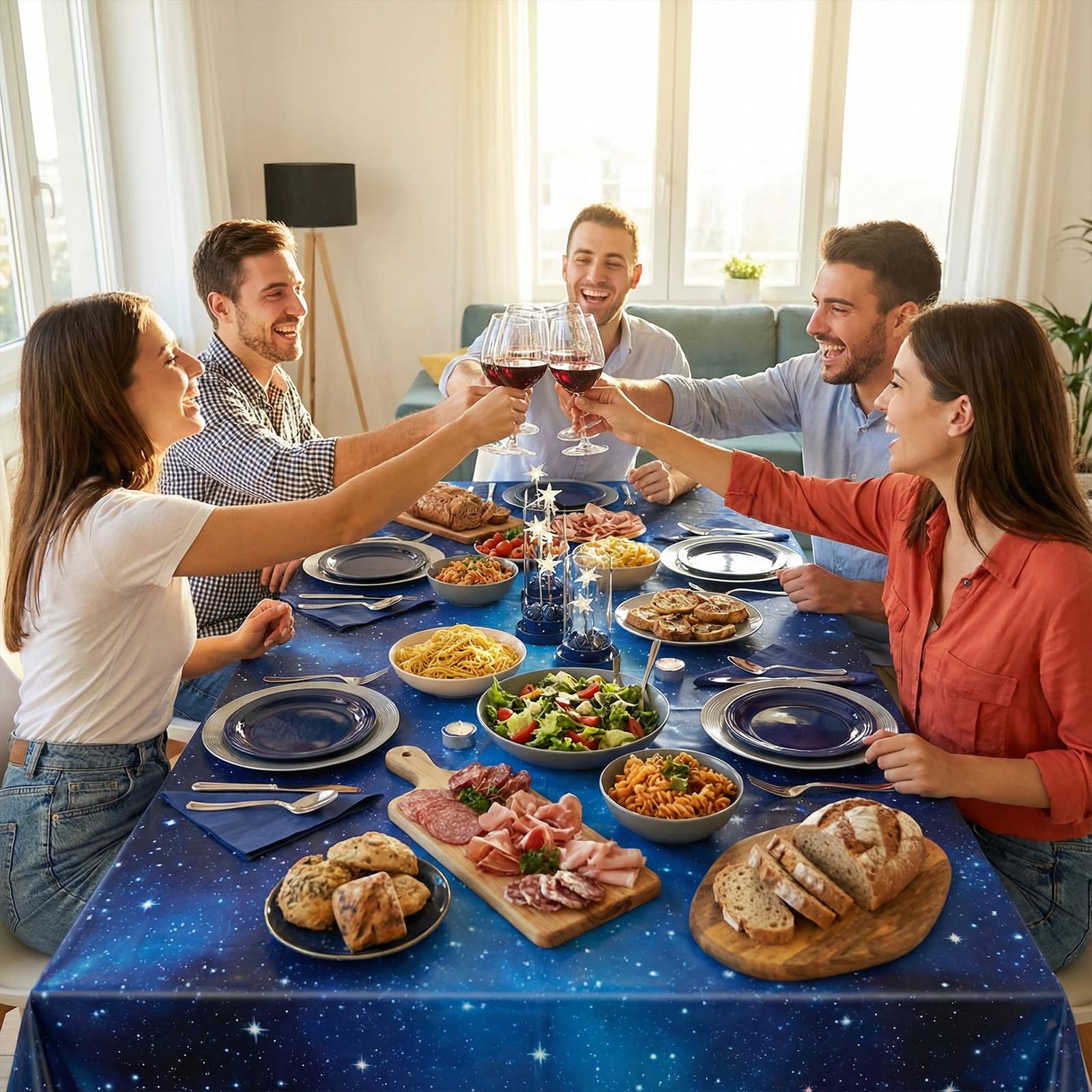 NatNarr Galaxy tablecloth used as a backdrop for home decor.