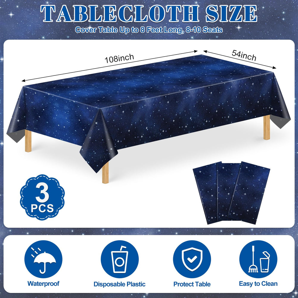 Close-up of NatNarr Galaxy tablecloth pattern with stars and colors.