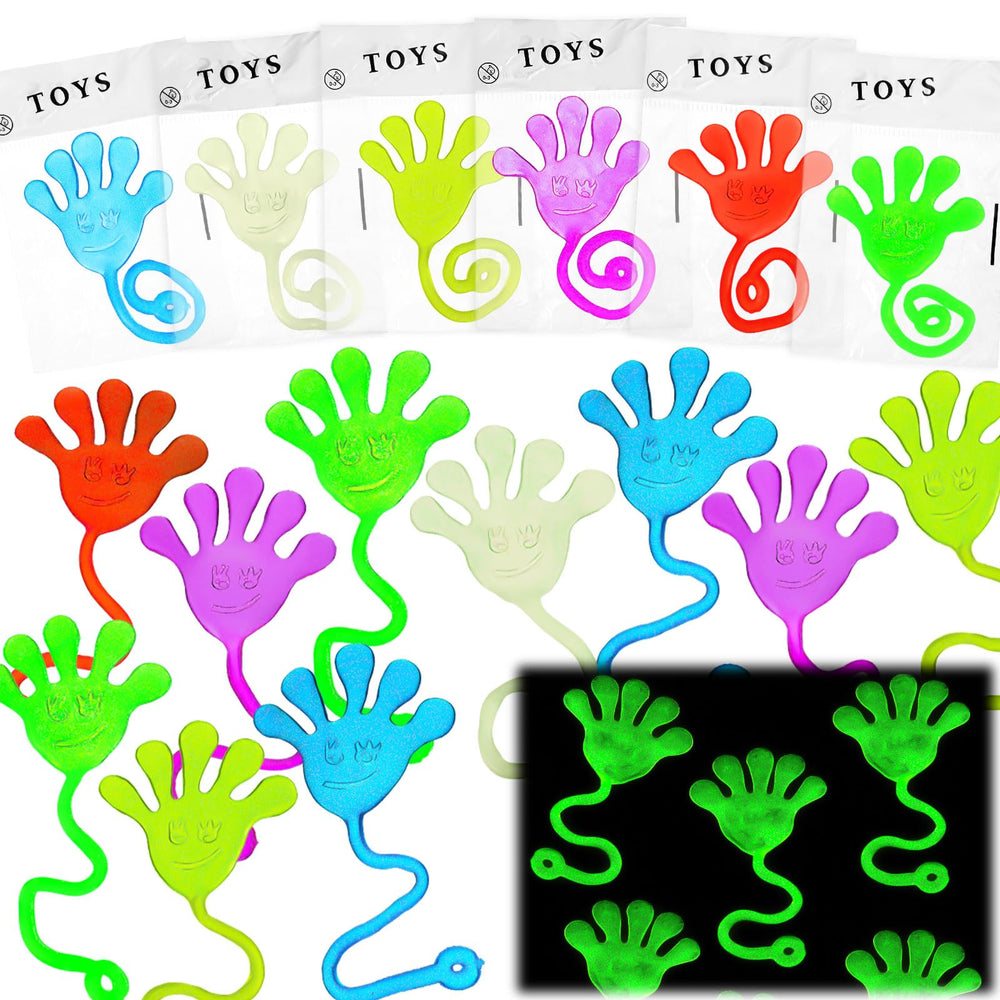 NatNarr glow sticky hands 50-pack closeup showing vibrant colors for party favors.