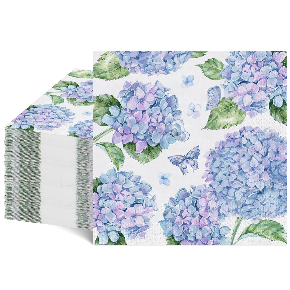 NatNarr Hydrangea napkins with blue-purple pattern offering elegant party styling and quick cleanups.