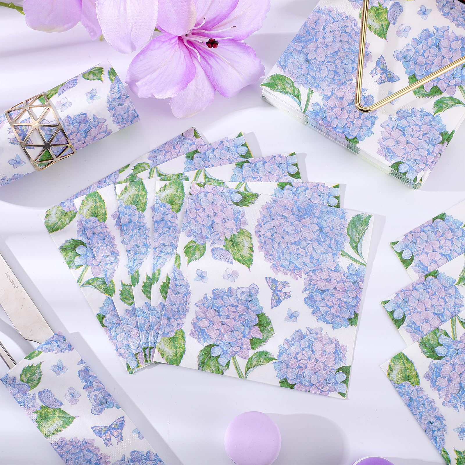 NatNarr Hydrangea napkins folded to 5x5 inches for easy handling during events.