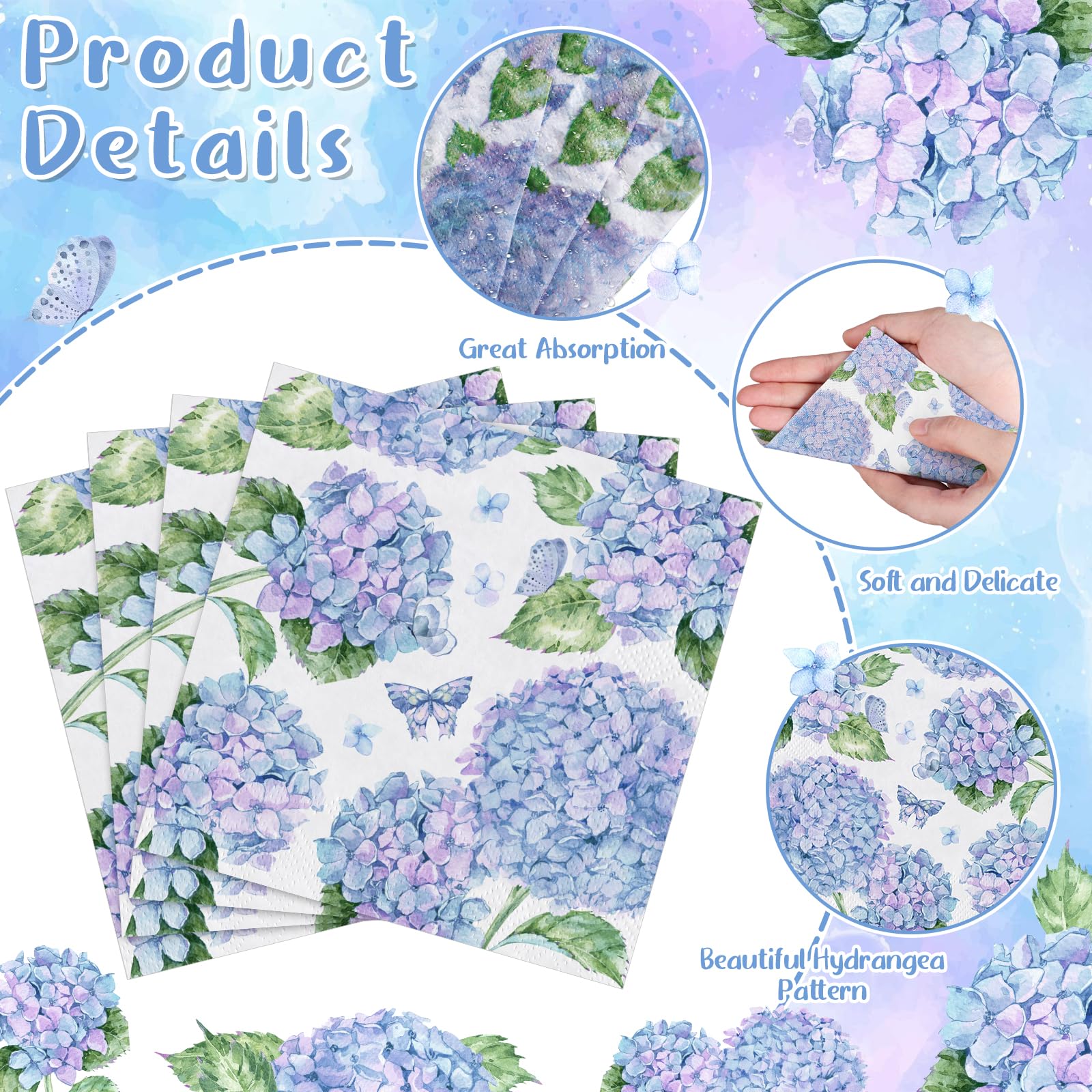 NatNarr Hydrangea napkins with green leaves and butterflies provide a fresh floral vibe for tables.