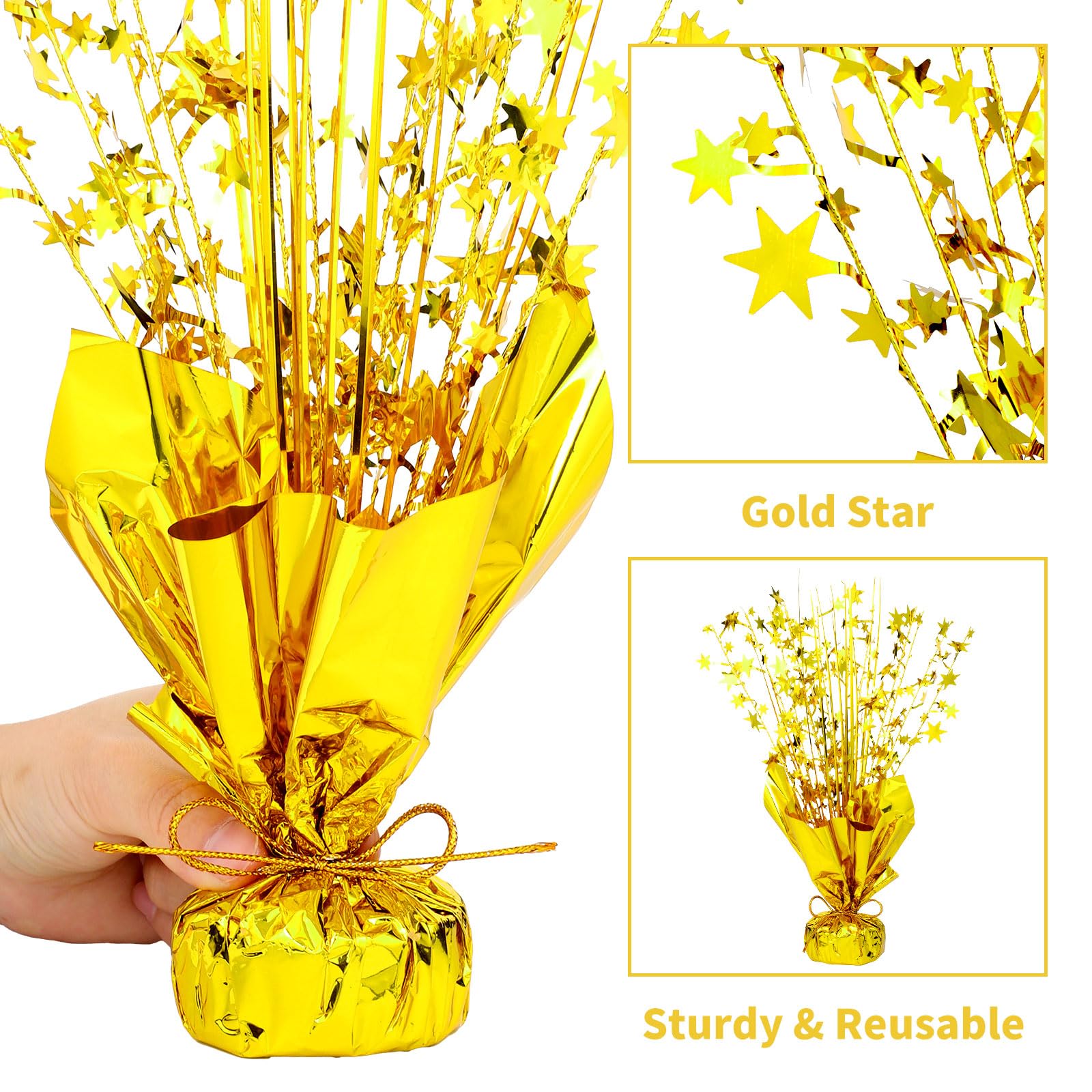 NatNarr gold party table decor enhances celebrations for birthdays, anniversaries, and graduations.