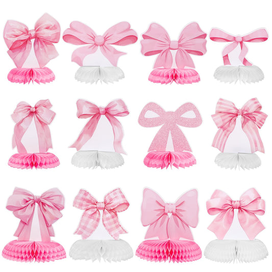 NatNarr pink bow honeycomb centerpiece adds romantic birthday decor.