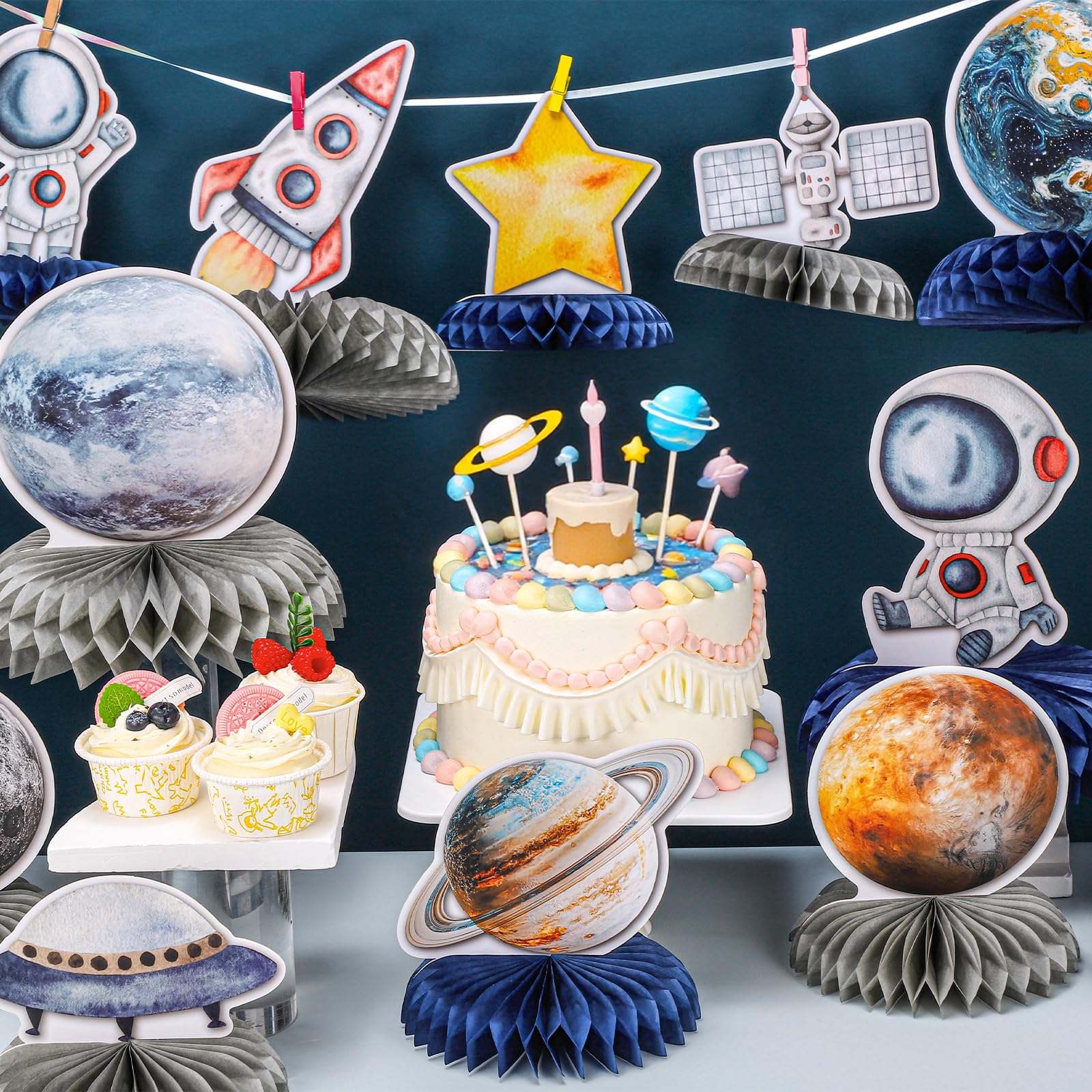 NatNarr space honeycomb moon centerpiece soft glow for night-themed party
