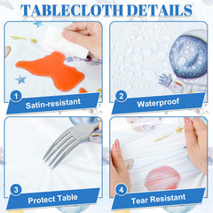 NatNarr space-themed decor tablecloth doubles as a backdrop for photos.