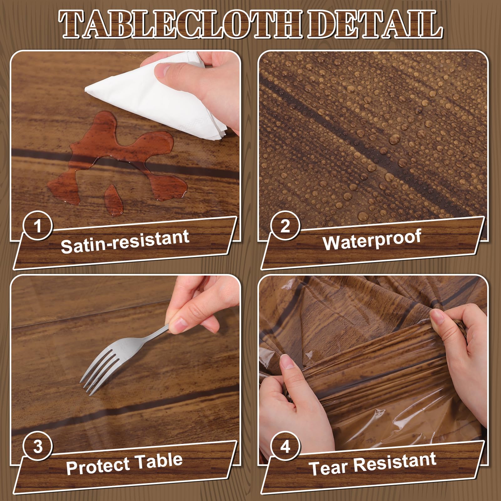 NatNarr wood grain tablecloth draped over a rectangular table.