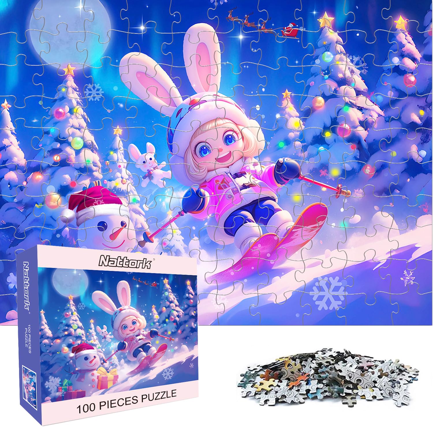 Nattork 100-piece bunny skiing puzzle image for family quiet time.