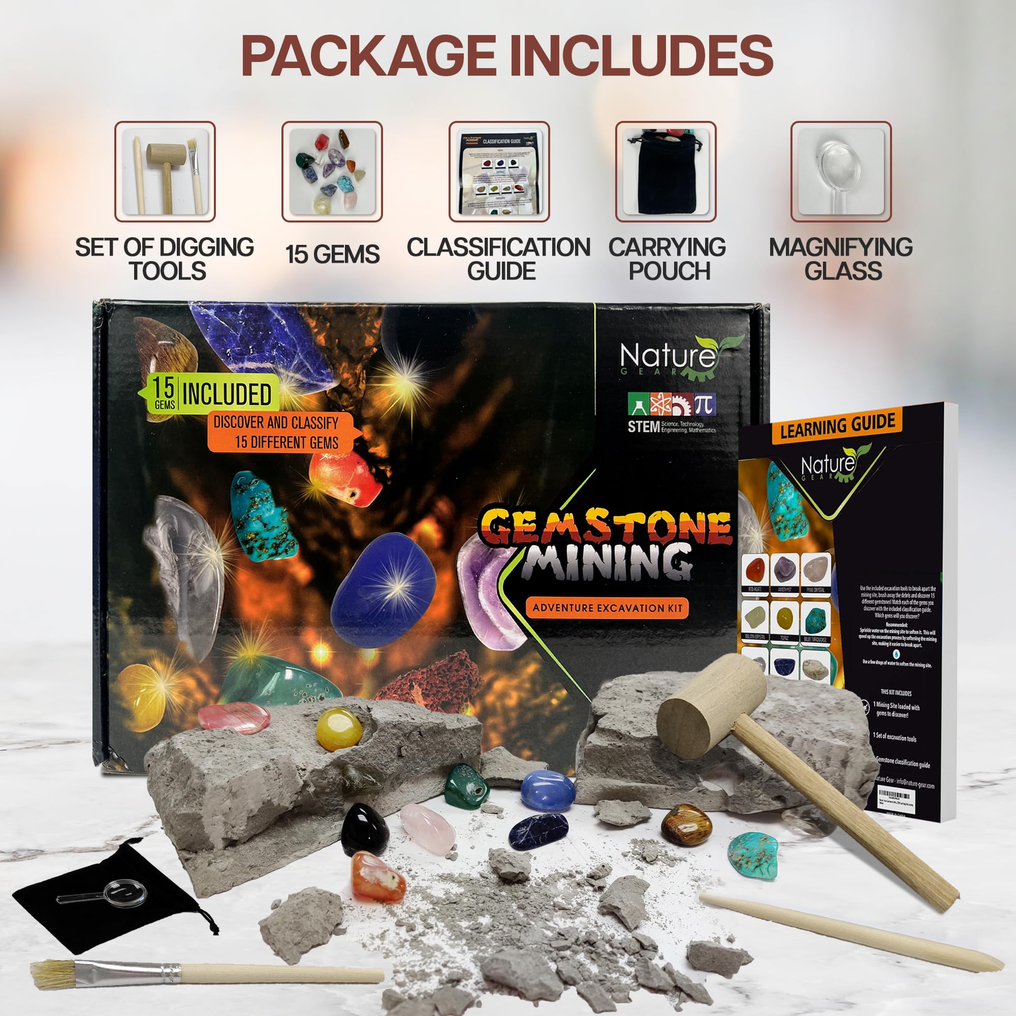 Nature Gear Gemstone Dig Kit tools set for budding geologists and tactile play.