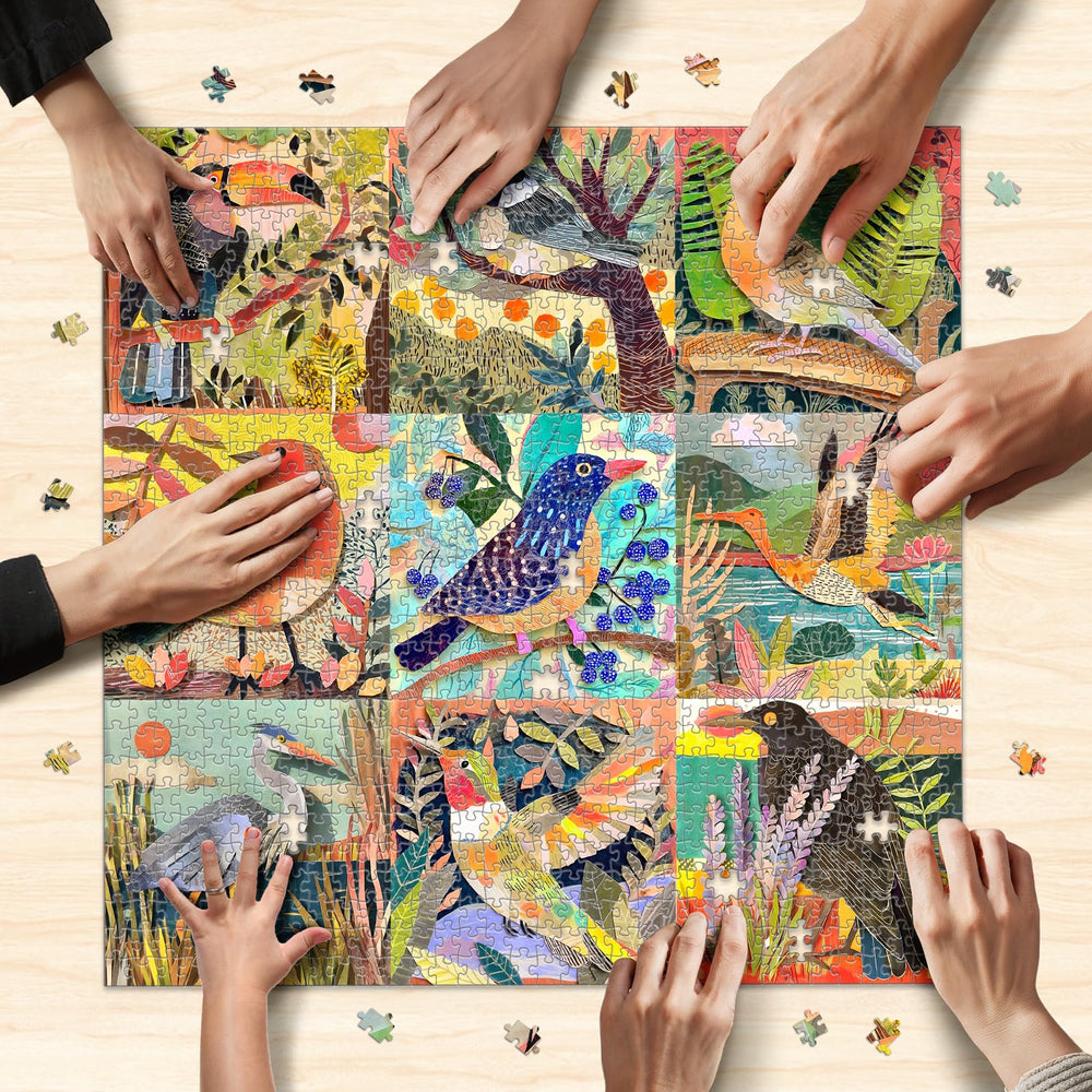 Naturelish artwork of nine birds offers a calming, immersive puzzling experience.