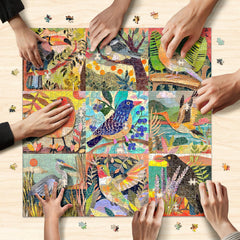 Naturelish artwork of nine birds offers a calming, immersive puzzling experience.