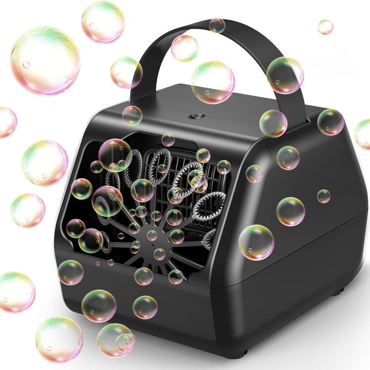 NAUQUOHZ bubble machine front view shows compact, portable design for easy transport.