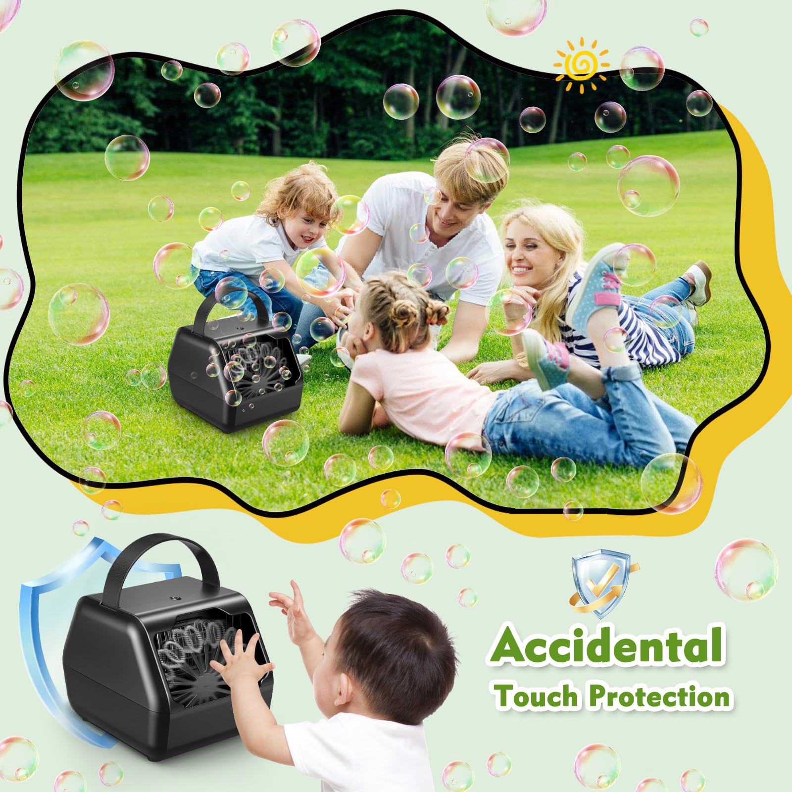 NAUQUOHZ bubble machine side profile highlights portability for outdoor events.