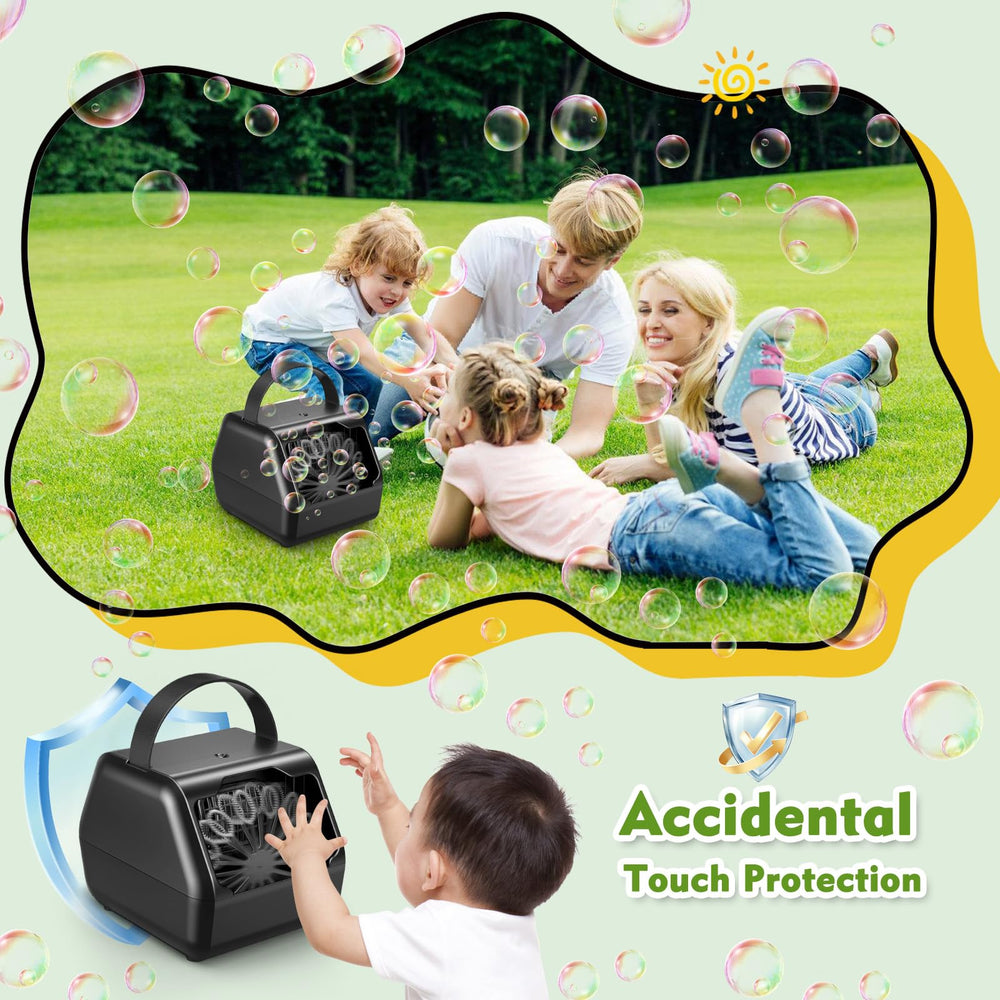 NAUQUOHZ bubble machine side profile highlights portability for outdoor events.