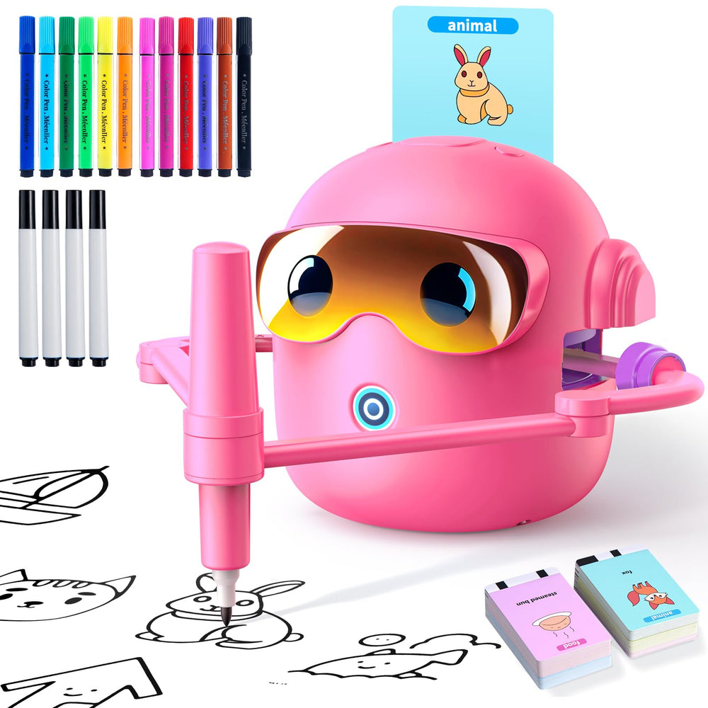 NAUQUOHZ drawing robot with kids and cards encouraging independent art practice