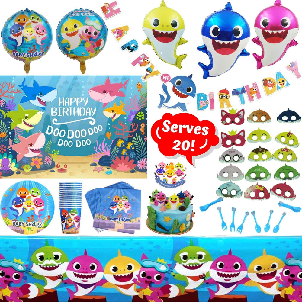 NBC Customs Shark party tableware set offers complete dining for up to 20 guests.