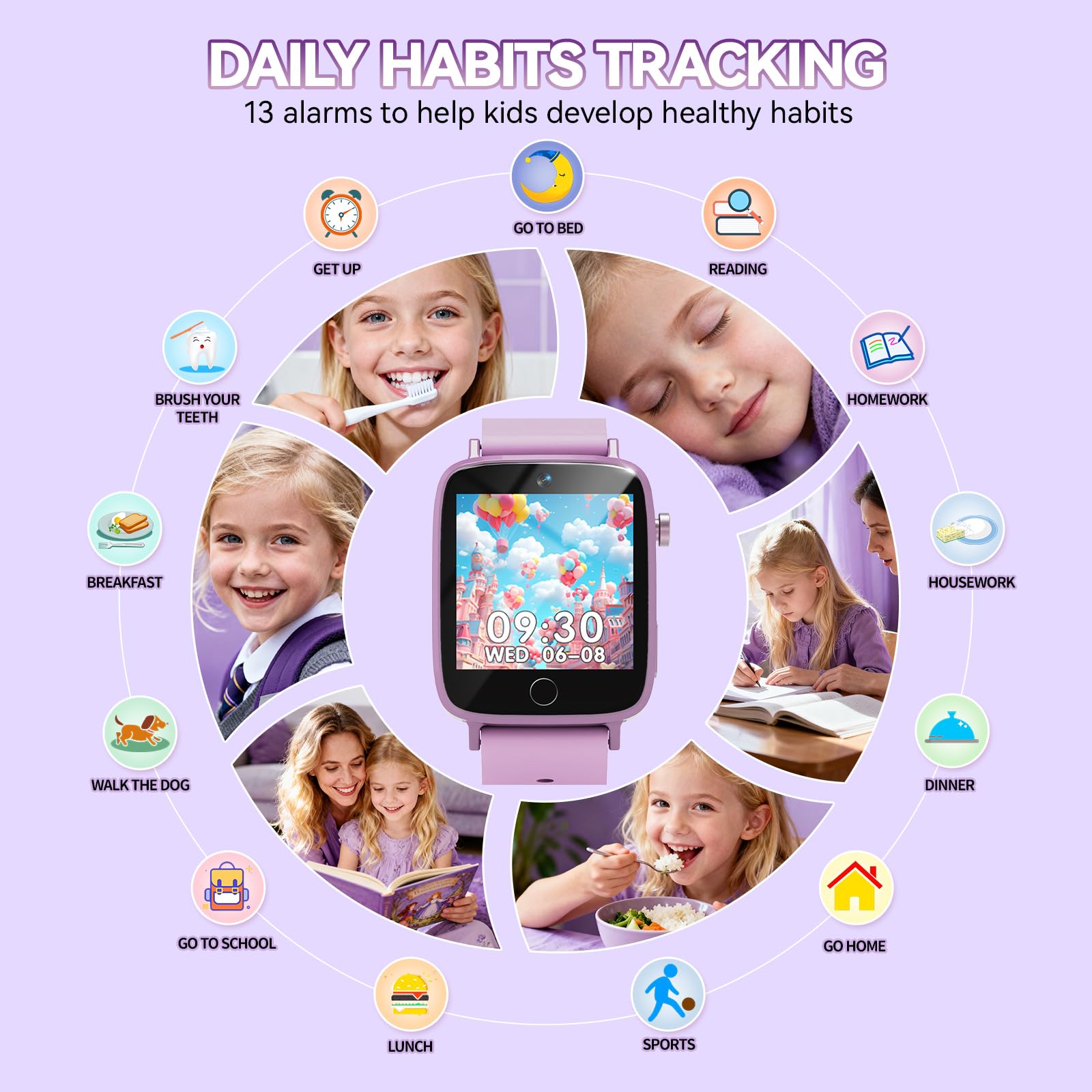 NBKLS Kids Smart Watch pedometer graphic illustrating activity tracking on the go.