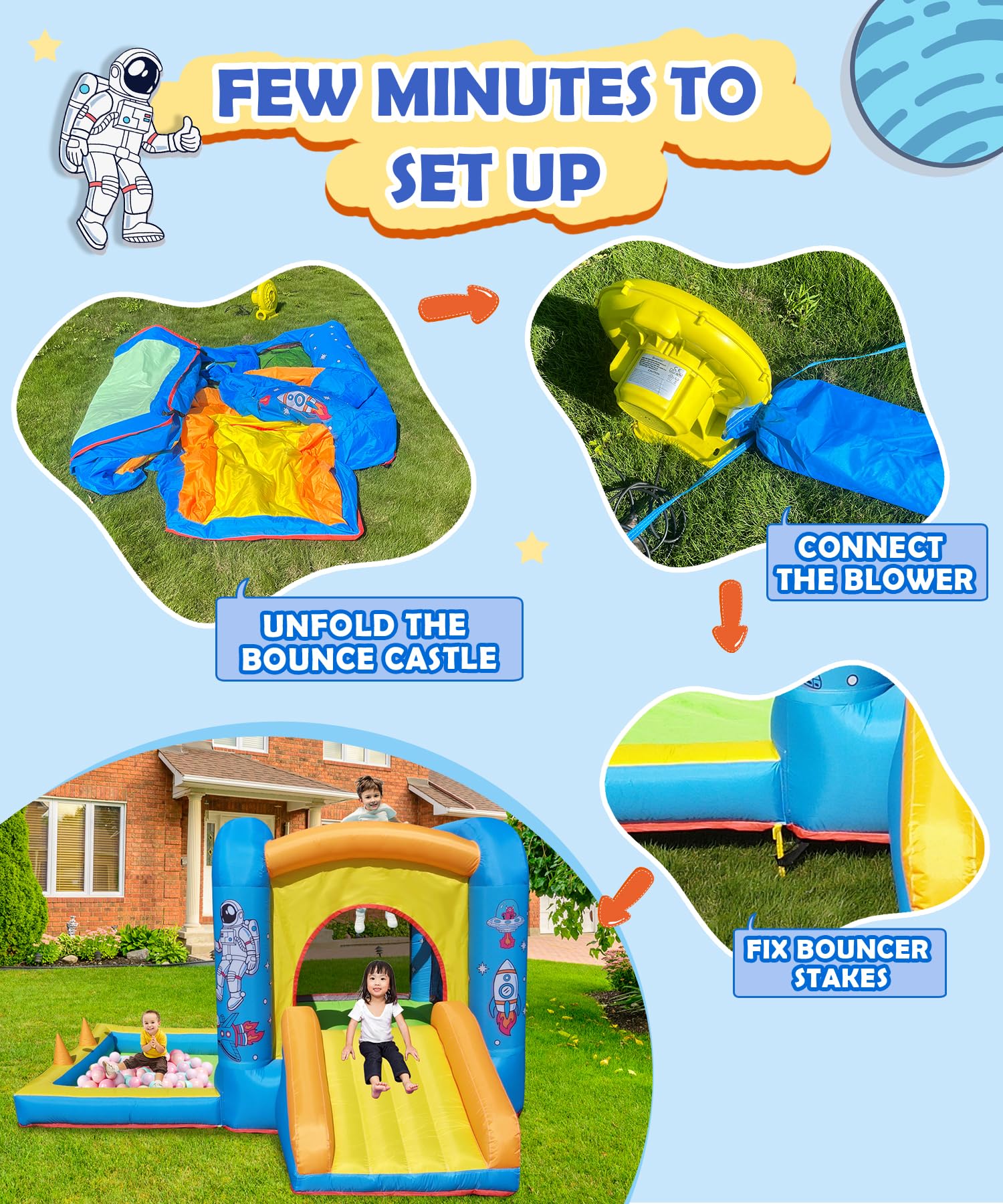 NBSPORT bounce house 350W blower image emphasizing easy inflation