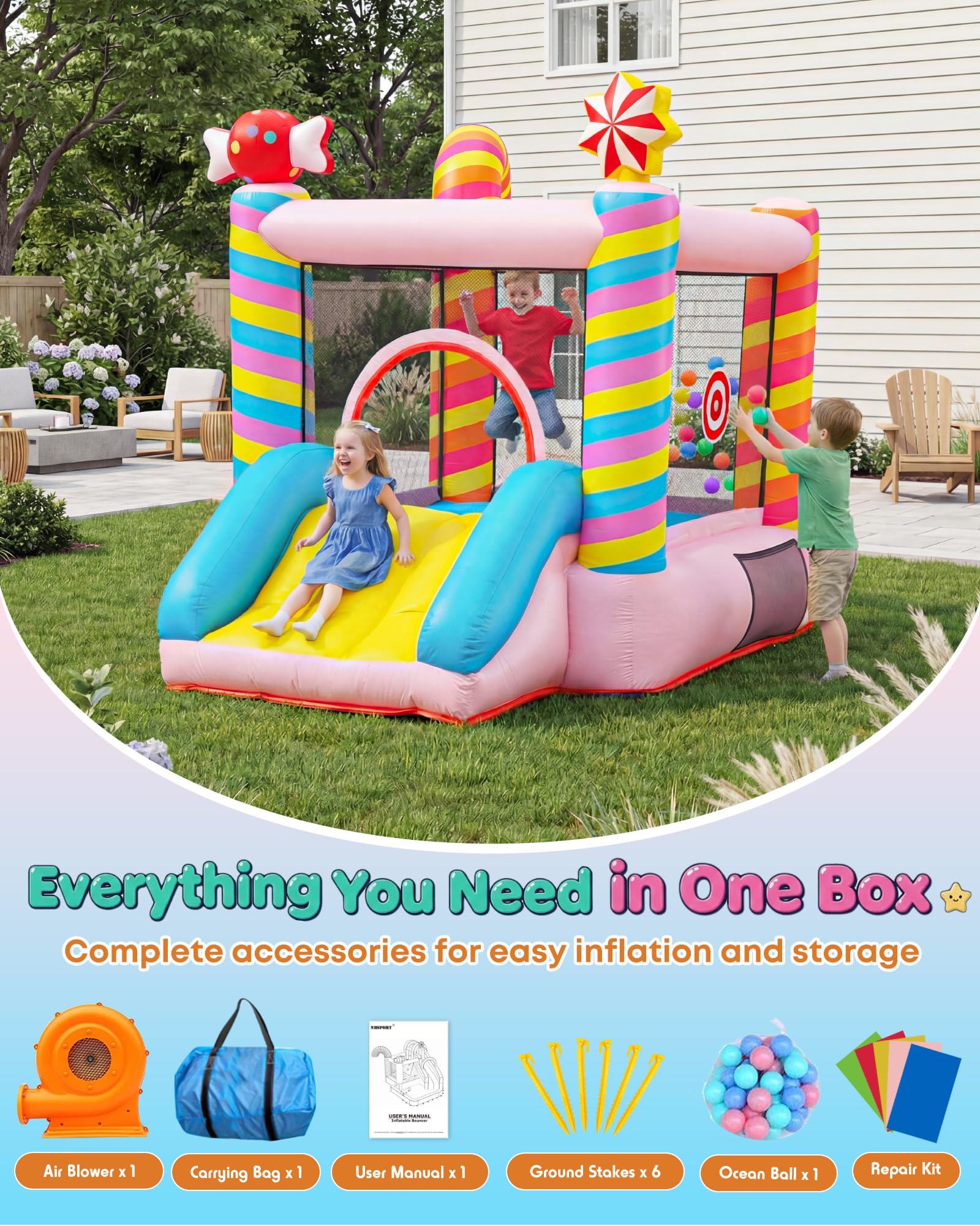 NBSPORT Candy Bounce House includes blower, bag, stakes, patches, manual