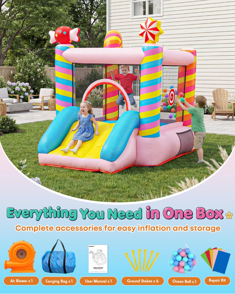 NBSPORT Candy Bounce House includes blower, bag, stakes, patches, manual