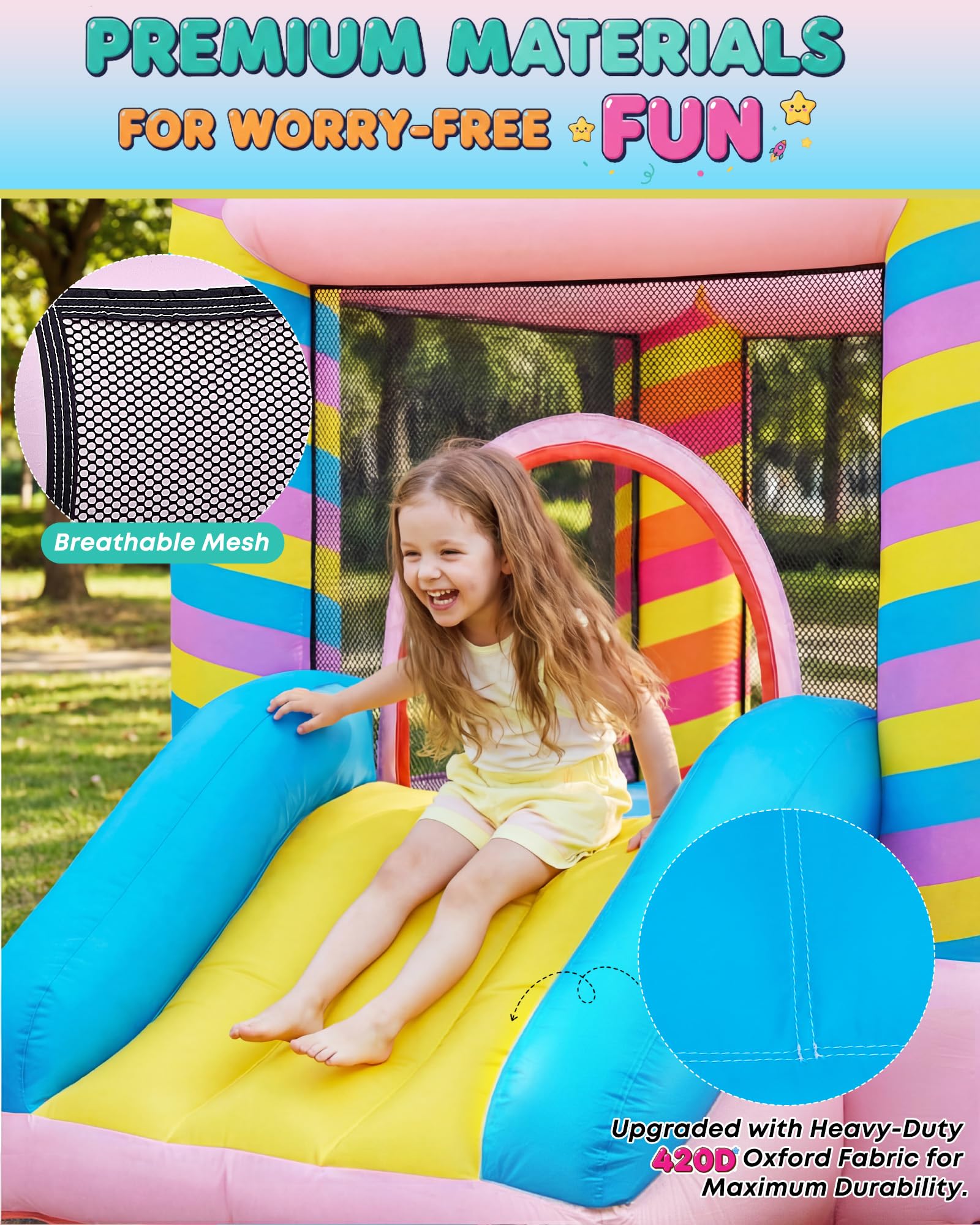 NBSPORT Candy Bounce House interior jumping area with safety mesh