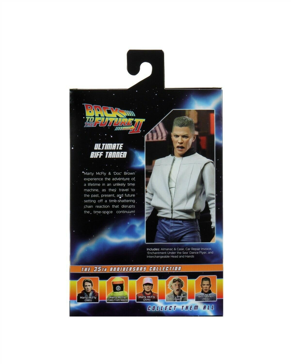NECA Back to the Future Biff Tannen figure Gray's Sports Almanac and Case in-hand, ideal for detailed display.