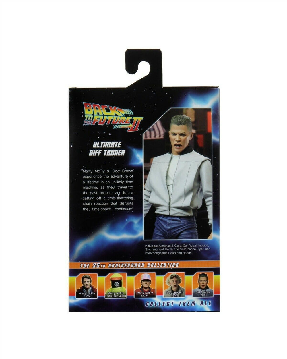 NECA Back to the Future Biff Tannen figure Gray's Sports Almanac and Case in-hand, ideal for detailed display.