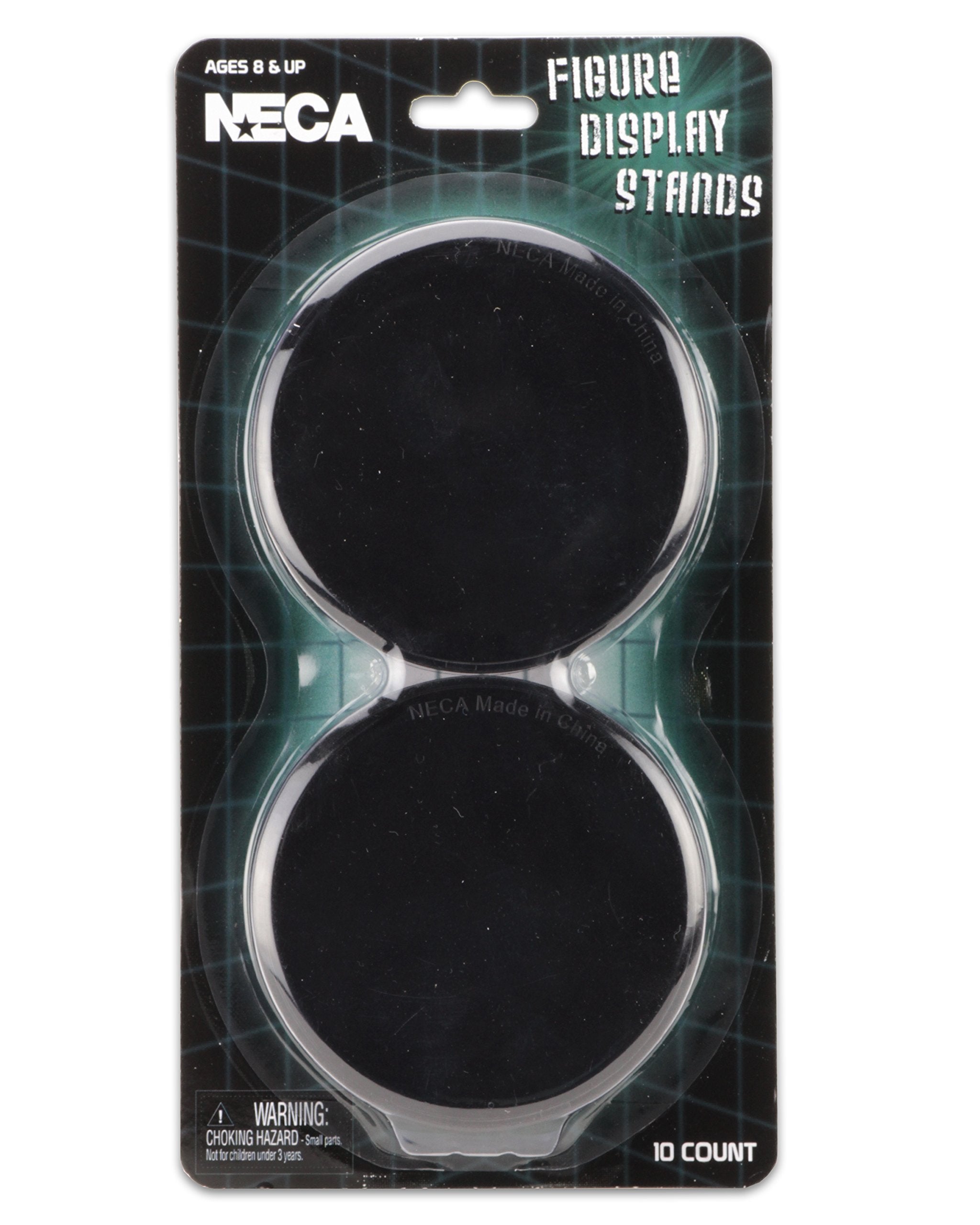 NECA black figure display stand 10-pack front view for 6-8 inch figures.