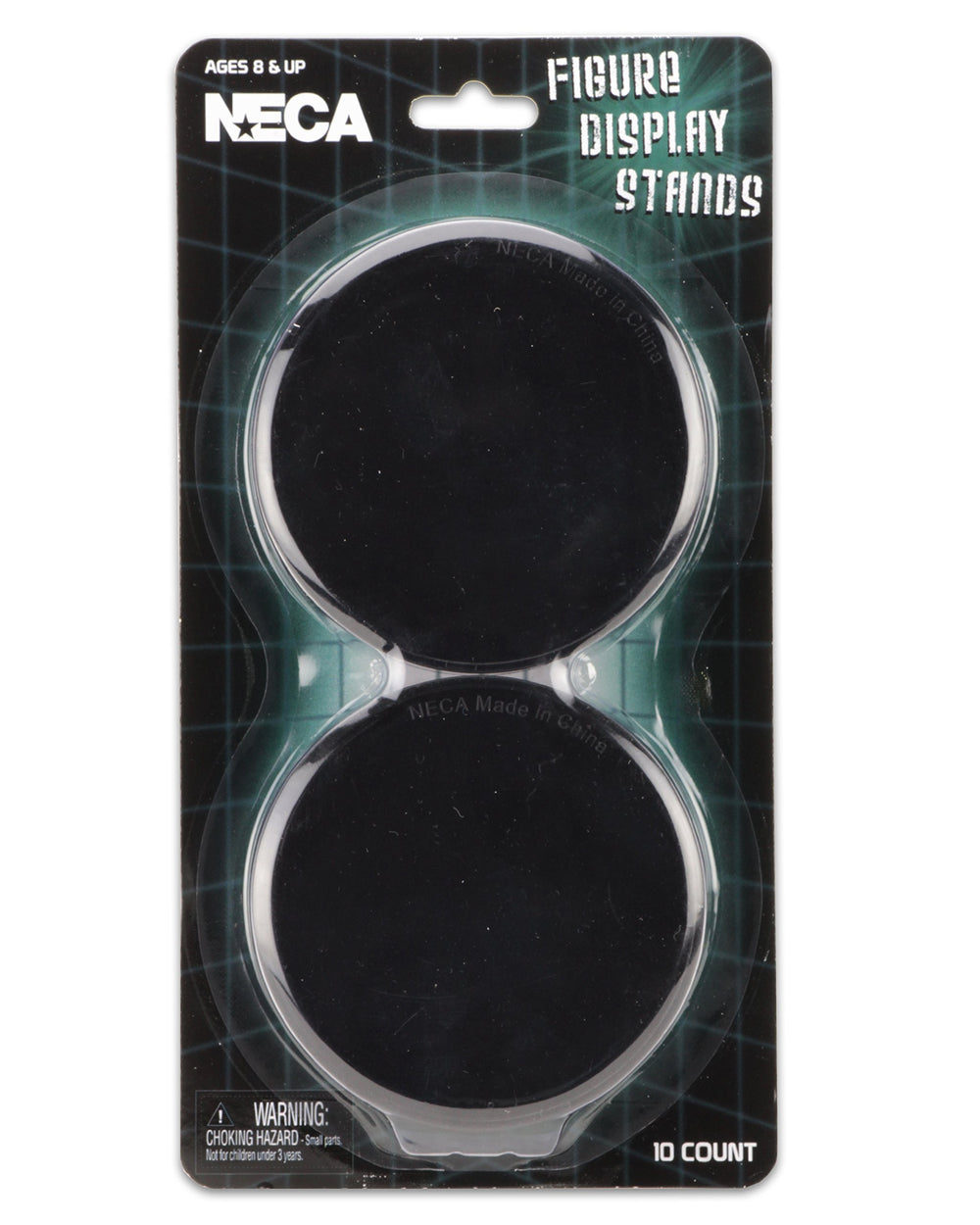 NECA black figure display stand 10-pack front view for 6-8 inch figures.