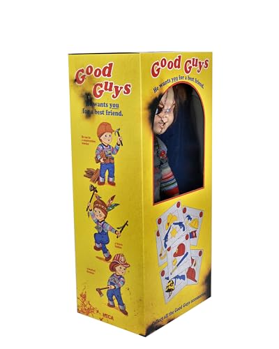 NECA Chucky with synthetic hair and lifelike eyes enhances realism on display.