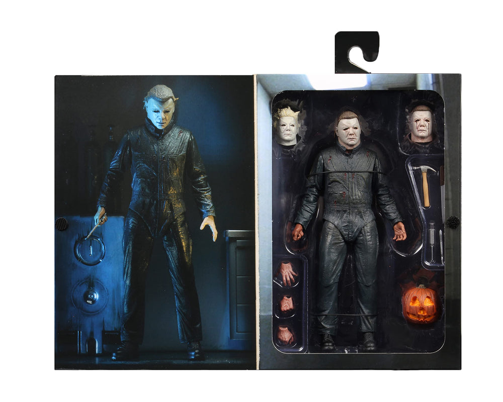 NECA Michael Myers Halloween II opening jack-o'-lantern prop enhances scenes.