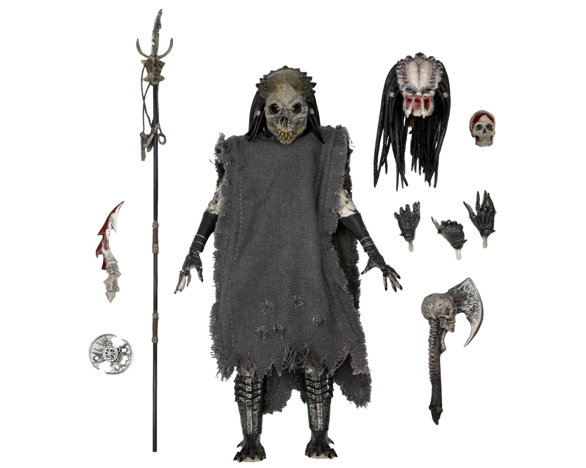 NECA Predator Shaman Ultimate figure with cloak and staff, ideal for dynamic shelf display.