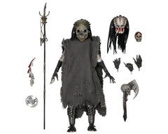 NECA Predator Shaman Ultimate figure with cloak and staff, ideal for dynamic shelf display.