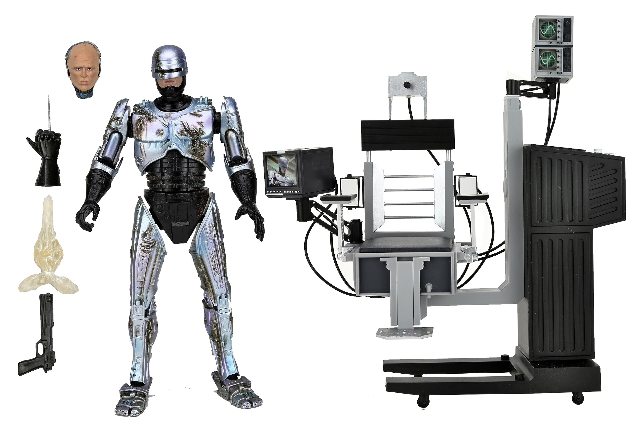 NECA Robocop battle-damaged figure with chair, ideal for display and collection.