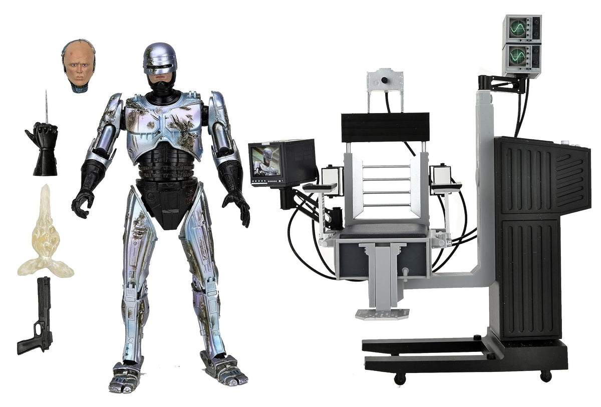 NECA Robocop battle-damaged figure with chair, ideal for display and collection.
