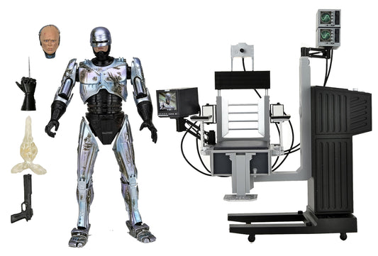 NECA Robocop battle-damaged figure with chair, ideal for display and collection.